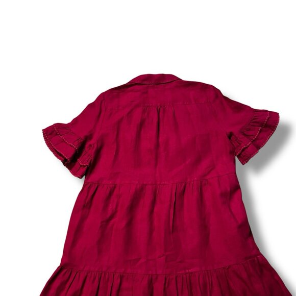Chico's Linen Midi Dress Size 1 (8) Magenta Tiered Long Ruffle V Neck Pockets - Picture 9 of 11